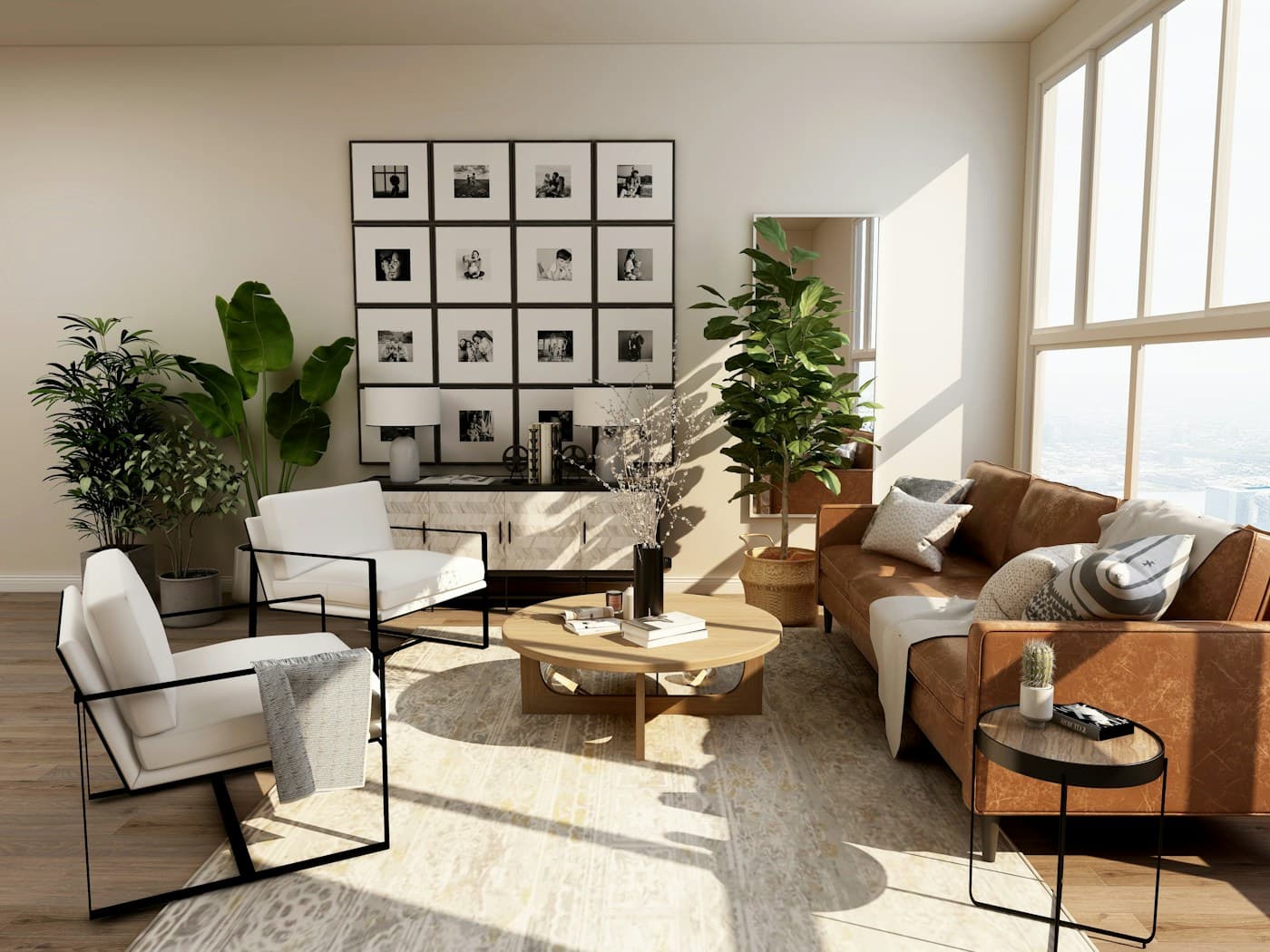 Interior inspiration: sunlit living room with plants and comfortable seating