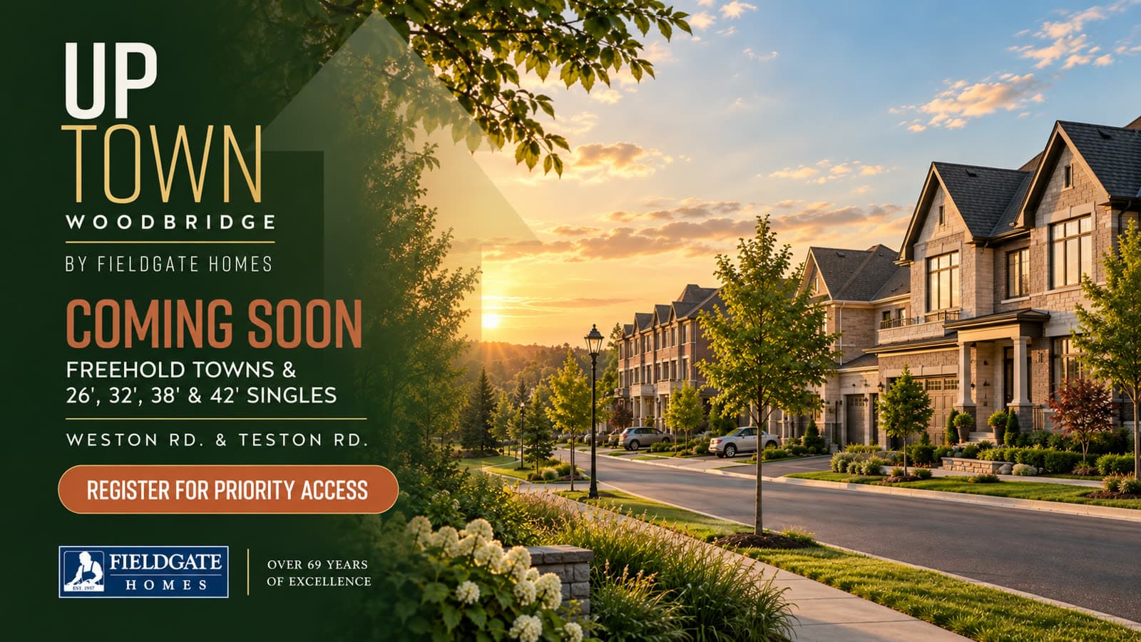 UpTown Woodbridge promotional streetscape showing homes and landscaped streets at sunset; artist’s concept