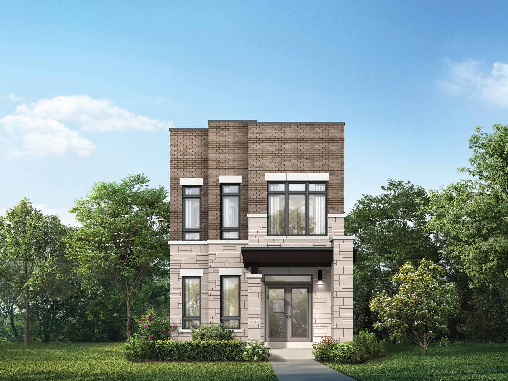 Detached home artist’s concept with a flat roofline and contrasting masonry